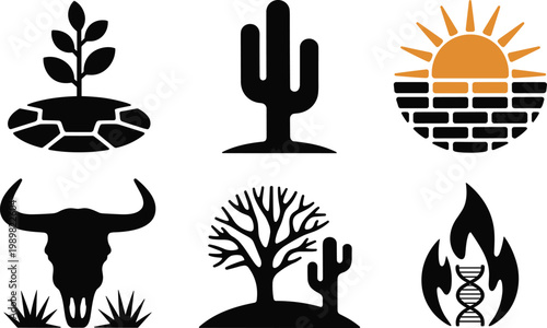 Desert, wildlife, and growth icons, black silhouettes, 6 vector graphics