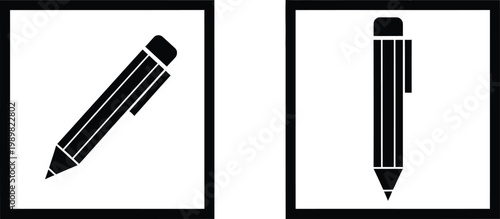 Two black and white icons of pens in rectangular frames