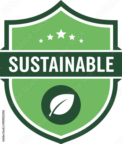 Green sustainable badge icon with leaf symbol for eco-friendly certification and environmental branding