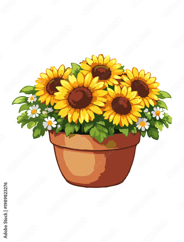Obraz premium Sunflowers in Clay Pot Cartoon Illustration