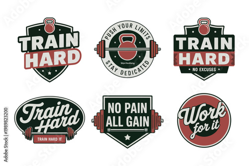 Workout emblems featuring fitness equipment and inspiring slogans for training, sports motivation, and healthy lifestyle branding concepts, modern athletic badge design elements.