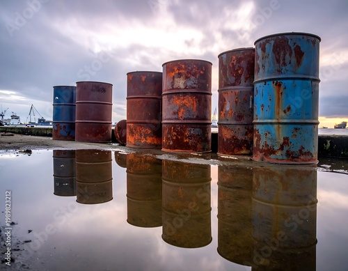 Rusted barrels reflected in water, against a cloudy sky and harbor backdrop