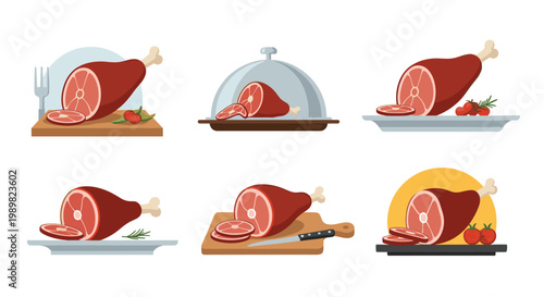 Set of gourmet food illustrations featuring a whole cooked ham hock with slices on cutting boards, plates, and under a cloche.