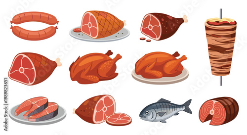 Diverse set of meat and fish products including sausages, whole roasted chicken, sliced ham, fish, salmon steaks, and a doner kebab spit.