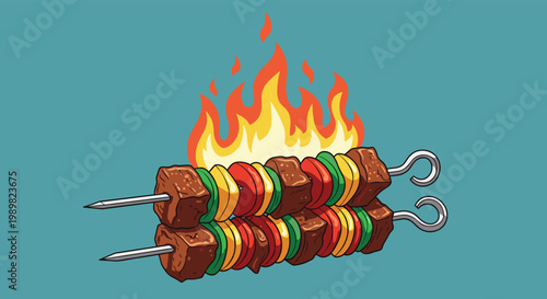 Pixel art illustration of two delicious meat and vegetable skewers grilling over a bright orange flame on a blue background.