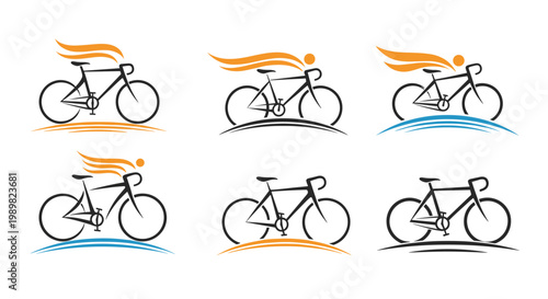 Collection of stylized bicycle racing icons with a rider in a dynamic pose and colorful swooshes indicating speed and movement.