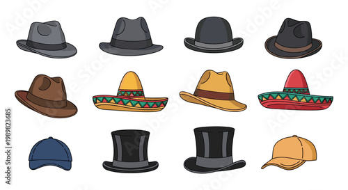 Set of different types of hats including fedoras bowler hat top hats baseball caps and mexican sombreros in pixel art style.