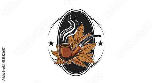 Vintage tobacco logo design featuring a smoking wooden pipe surrounded by dried tobacco leaves in an oval frame with stars.
