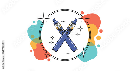 Two crossed blue electronic cigarettes or vapes depicted within a circular frame against a background of colorful abstract shapes.