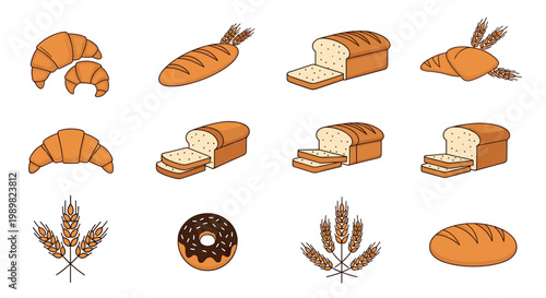 Assorted bakery and bread illustrations featuring croissants, loaves, sliced bread, a chocolate donut, and stalks of golden wheat.