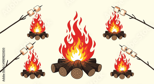 Illustration of sweet marshmallows being roasted on wooden sticks over multiple campfires with bright orange flames and logs.