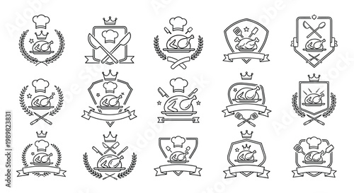 Set of roasted turkey or chicken logos featuring chef hats, crowns, laurel wreaths, and kitchen tools on white background labels.