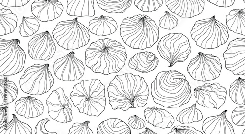 Seamless pattern design composed of hand-drawn meringue or marshmallow shapes in a delicate black and white line art style.