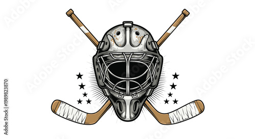 Detailed hockey goalie mask illustration centered between two crossed sticks and decorative stars in a retro sports emblem style.