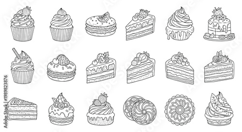 Hand-drawn collection of various desserts including cupcakes, slices of cake, macarons, and cookies in a black and white sketch style.