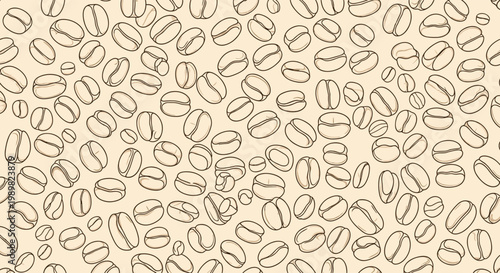 Seamless pattern of hand-drawn coffee beans in a vintage sketch style, creating a dense and repetitive texture for cafe decor.