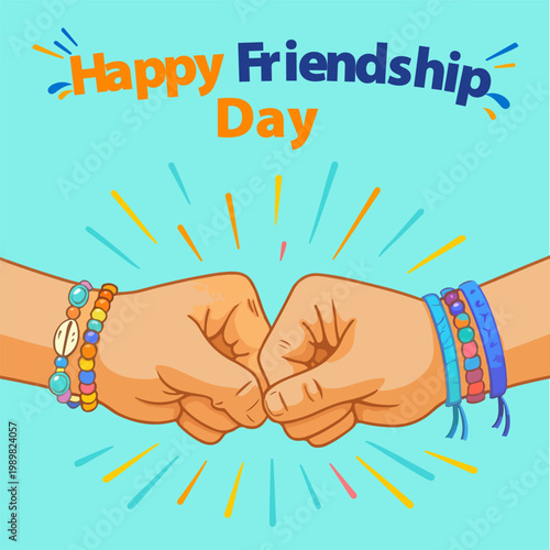 Illustration of two fists with bracelets for happy friendship day on green background