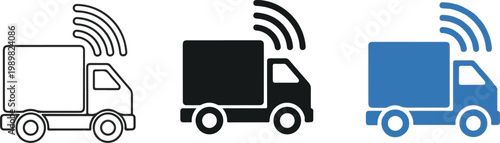 Three variations of a mobile cellular signal tower vehicle icon