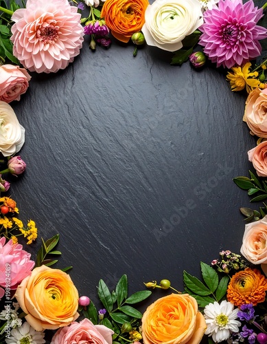 Colorful floral frame on slate. Delicate roses, ranunculus, dahlias, & greenery encircle dark backdrop