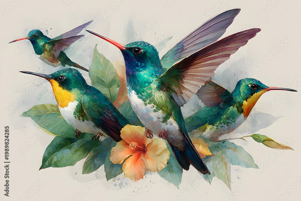 Fototapeta premium Hummingbirds watercolor clipart set tropical birds flying green blue yellow orange illustration for wall art, invitations fabric