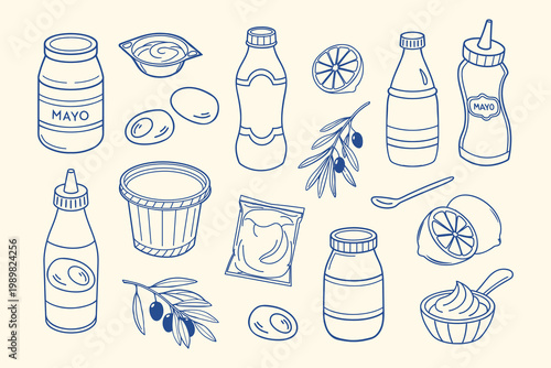 Hand drawn mayonnaise and ingredients set. Sketch. Organic mayo packaging illustrations for food labels and menus.