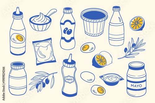 Hand drawn mayonnaise set. Sketch. Organic mayo packaging illustrations for food labels and menus.