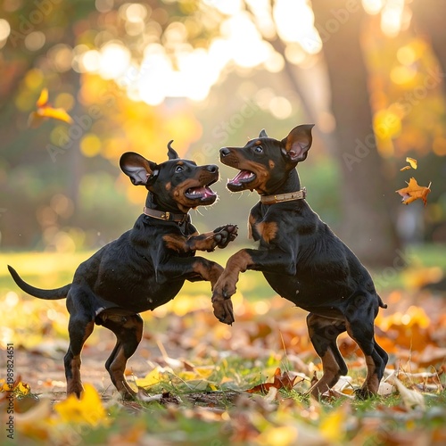 Two small dogs playfully wrestle among autumn leaves, bathed in warm sunlight