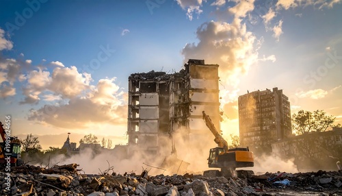 Building demolition against bright sky; rubble & dust