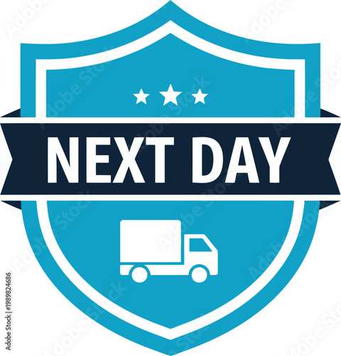 Blue Shield Badge with Next Day Delivery Truck Icon for Fast Shipping and Express Logistics Services