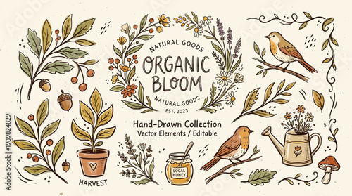 Organic Bloom Hand-Drawn Vector Collection Nature-Inspired Elements for Harvest and Lifestyle Designs
