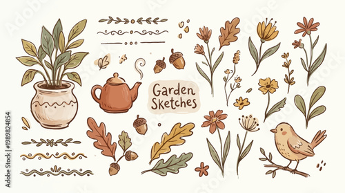 Charming Garden Sketches A Whimsical Collection of Botanical Illustrations and Nature Elements
