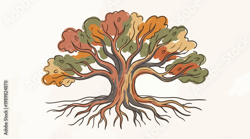 Stylized illustration of a large, mature tree with exposed roots and colorful autumn foliage, symbolizing growth, nature, and life cycles