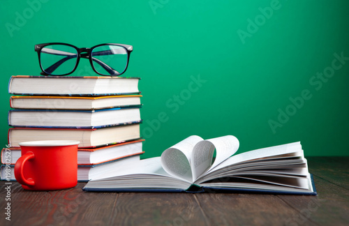 Happy Teacher’s Day Concept. Books, Glasses And Red Cup On Green. Education Knowledge Learning Classroom Appreciation, Academic Inspiration Background