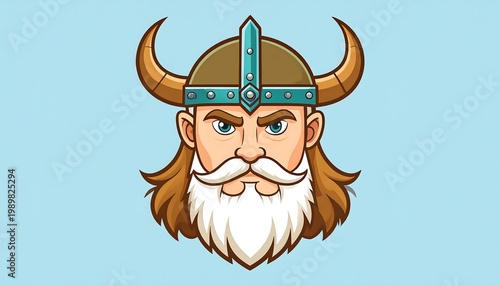 Viking cartoon headshot. Blue eyes, blond hair, horned helm, and white beard on a light blue background