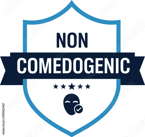 Non-Comedogenic Badge Icon for Skincare and Cosmetic Product Labeling, Blue Shield Design