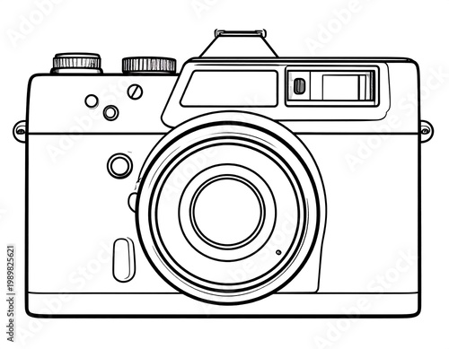 Simple line drawing of a retro-style camera with lens, viewfinder and dials