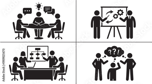 Business meeting and discussion icons set depicting teamwork and problem-solving.