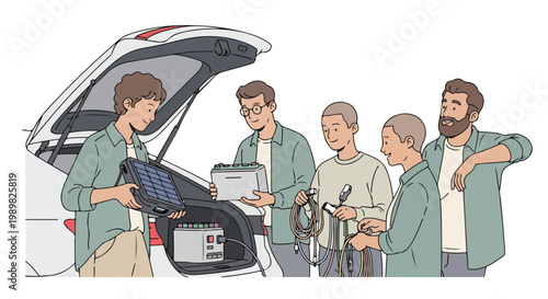 Group of men preparing portable solar power equipment from car trunk for outdoor adventure, emphasizing renewable energy solutions and sustainable travel.
