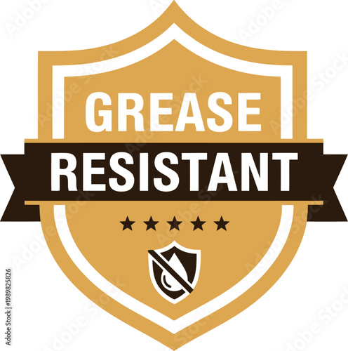 Grease Resistant Badge Icon – Brown Shield Label for Packaging, Food Service, and Product Marketing