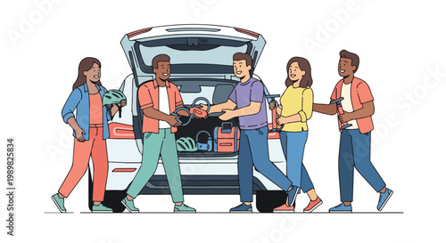 Diverse group of young friends packing their car for an exciting road trip adventure, preparing for a fun journey together with gear and enthusiasm.