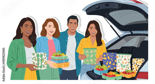 Diverse friends promoting sustainable living with reusable food containers and healthy snacks, showcasing eco-friendly habits and community sharing.