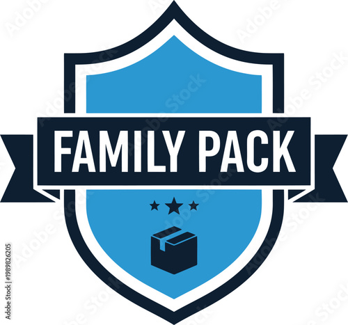 Blue Family Pack Badge Icon with Shield and Package Symbol for Product Promotion and Marketing
