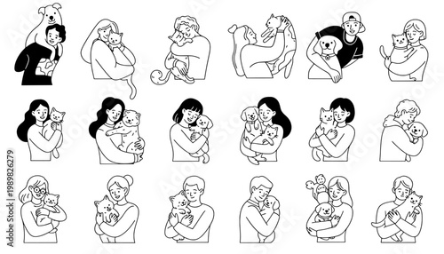 A collection of illustrations of people holding and cuddling animals