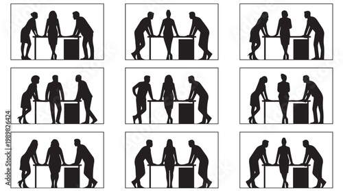 Silhouettes of people interacting with a table and a barrel in various poses.