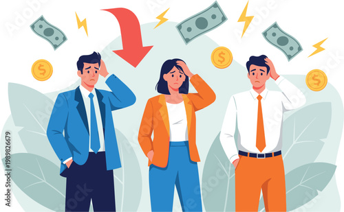 Illustration of Business people stressed about falling money