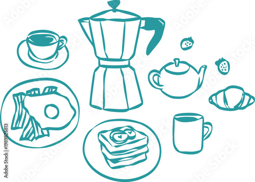 Coffee and breakfast sketch moka pot cup cake and pastries