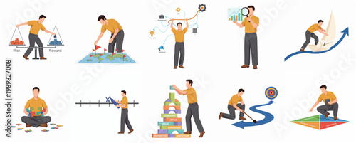 Flat Design Modern Business Concept Illustration Set Showing Man Developing Strategy, Planning, and Achieving Goals