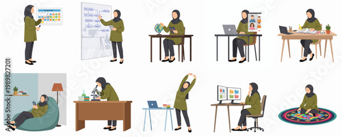 Diverse Flat Illustration Set of a Hijab Woman in Various Activities