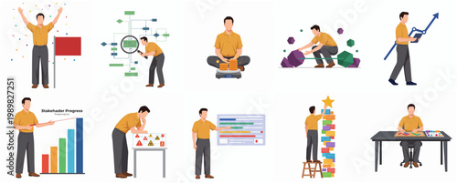 Flat Style Business Man Character Poses and Activities Illustration Set