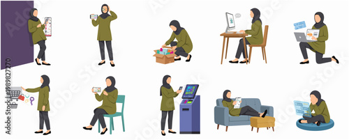 Modern Flat Character Illustration Set of Muslim Woman Engaging in Various Daily Digital Lifestyle